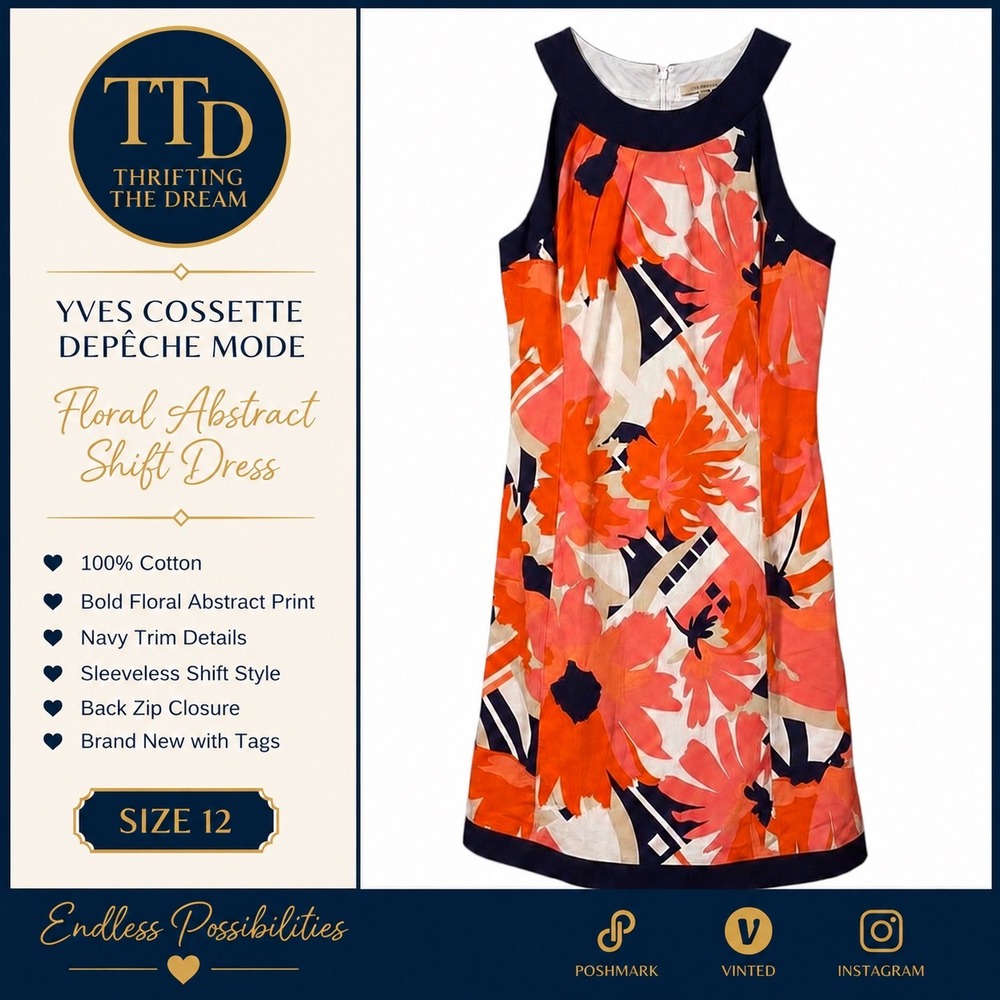 Yves Cossette Depeche Mode Floral Abstract Cotton Shift Dress Orange Navy 12 NEW